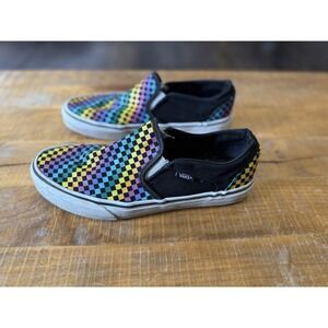 Vans Asher Shoes Women's 10 Colorful Canvas Rainbow‎ Checkered Slip On Sneakers